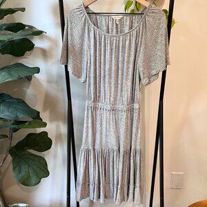 Rebecca Taylor SS Jersey Dress Medium Gray Melange Ruffle Hem Flounce Sleeve